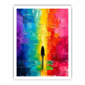 Contemplative figure in glowing rainbow hues