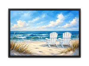 Peaceful beach view with Adirondack chairs