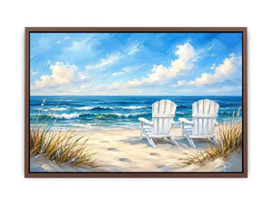Peaceful beach view with Adirondack chairs