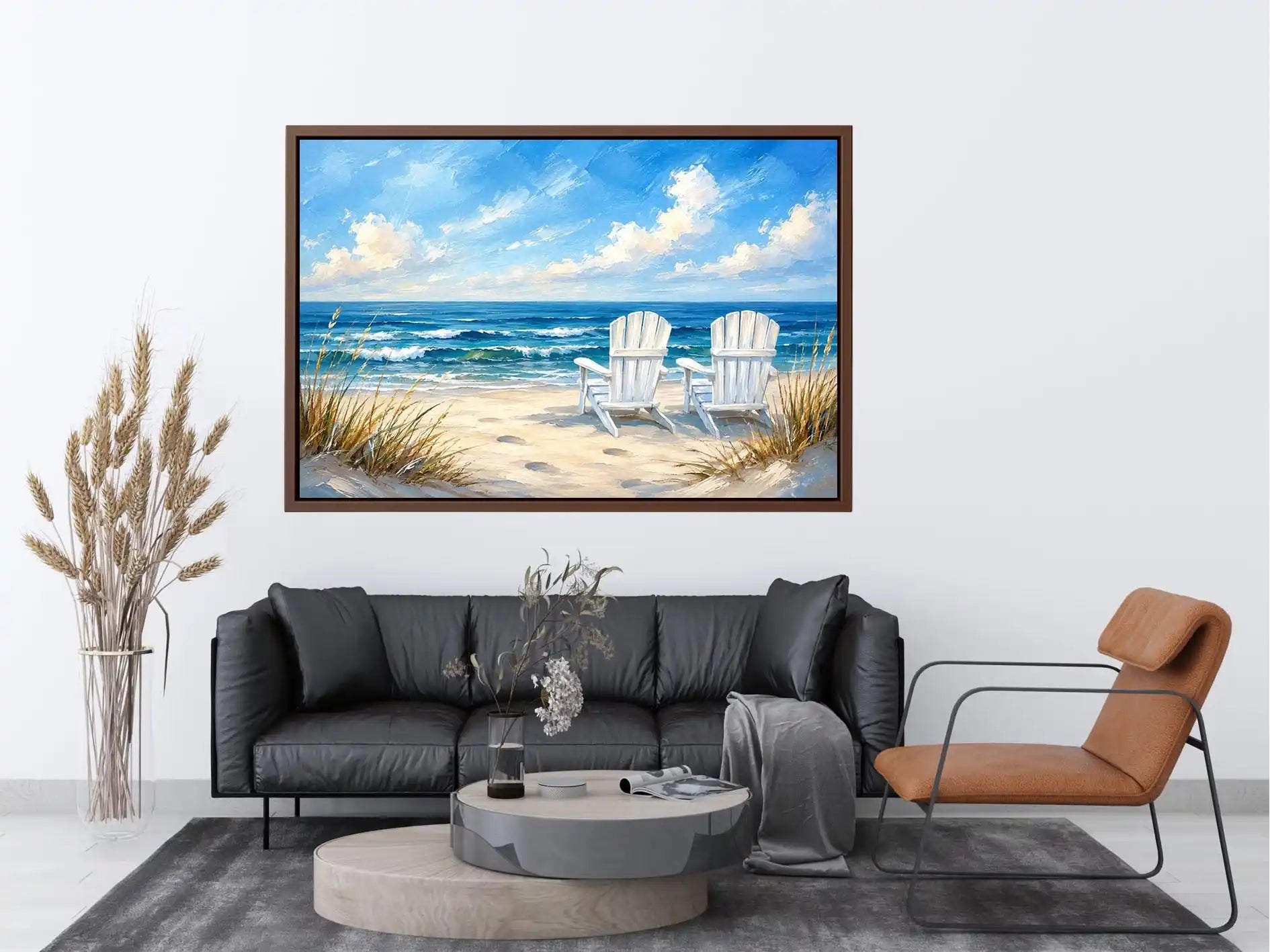 Peaceful beach view with Adirondack chairs