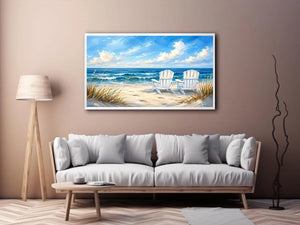 Peaceful beach view with Adirondack chairs