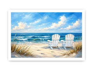 Peaceful beach view with Adirondack chairs