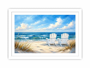 Peaceful beach view with Adirondack chairs