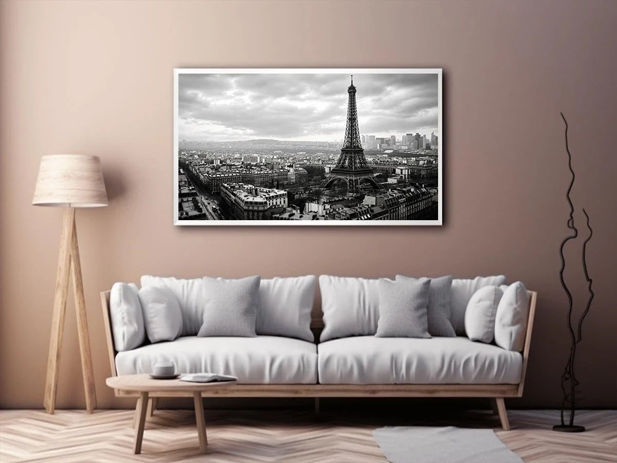 Eiffel Tower amid Parisian skyline haze