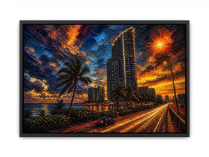 Coastal city at sunset in motion