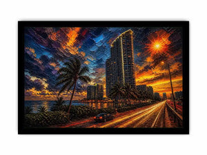 Coastal city at sunset in motion