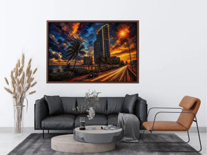 Coastal city at sunset in motion