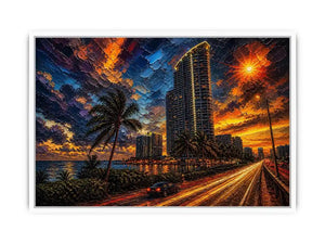 Coastal city at sunset in motion