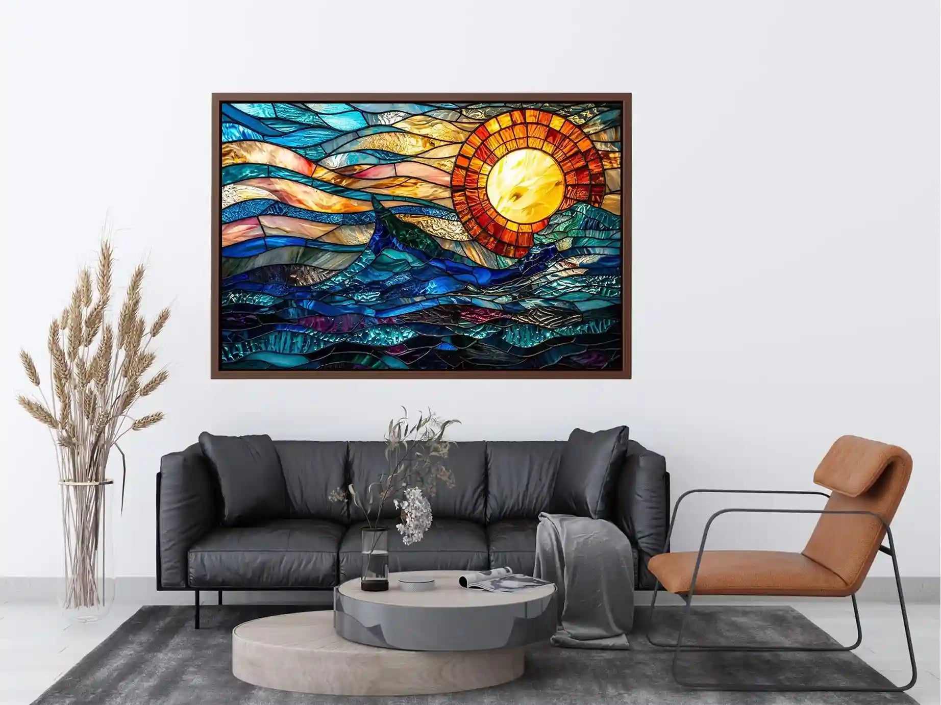 Stained glass ocean and sun mosaic