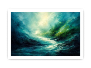 Misty coastal glow with swirling waters