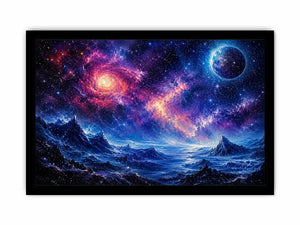 Cosmic nebula over icy alien terrain