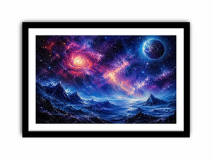 Cosmic nebula over icy alien terrain