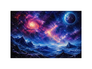 Cosmic nebula over icy alien terrain