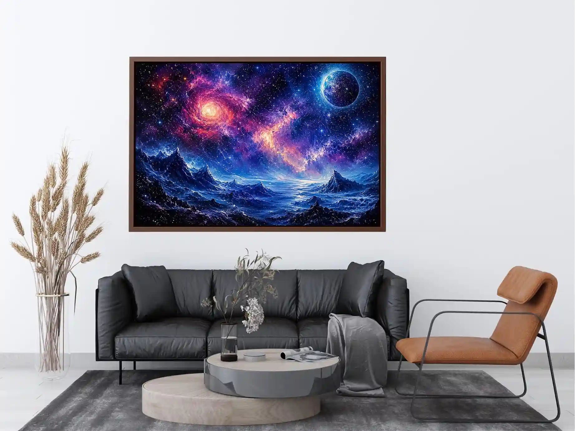 Cosmic nebula over icy alien terrain
