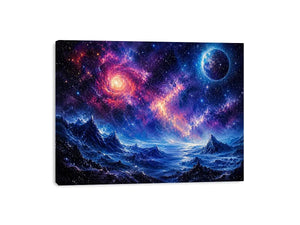 Cosmic nebula over icy alien terrain
