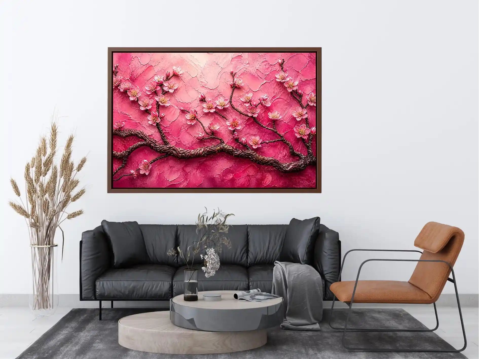 Cherry blossoms on textured pink canvas