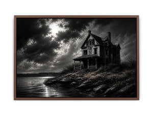 Eerie lakeside with a haunting mansion