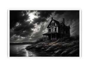 Eerie lakeside with a haunting mansion