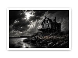 Eerie lakeside with a haunting mansion