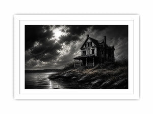 Eerie lakeside with a haunting mansion