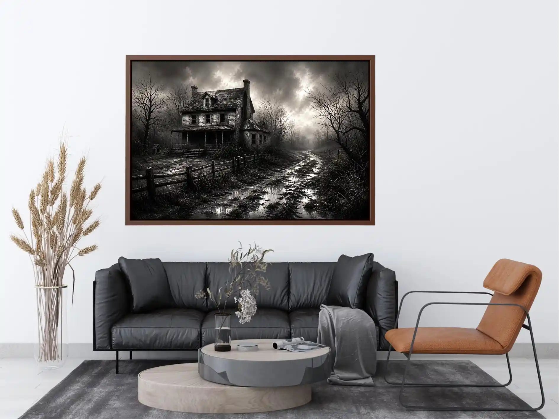 Eerie abandoned farmhouse in mist