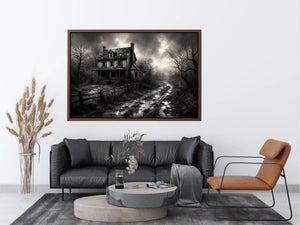 Eerie abandoned farmhouse in mist
