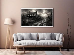 Eerie abandoned farmhouse in mist