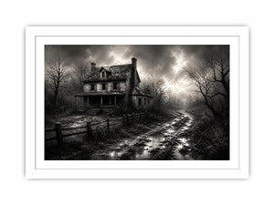 Eerie abandoned farmhouse in mist
