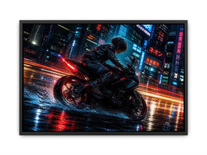 Neon rider in the cyberpunk rain
