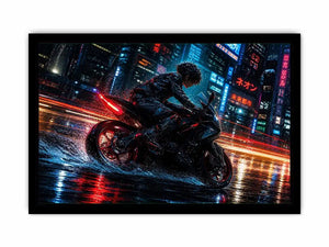 Neon rider in the cyberpunk rain