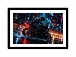 Neon rider in the cyberpunk rain
