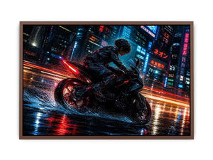 Neon rider in the cyberpunk rain