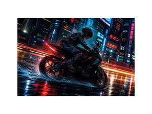Neon rider in the cyberpunk rain