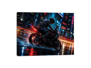 Neon rider in the cyberpunk rain