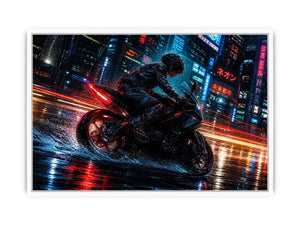 Neon rider in the cyberpunk rain