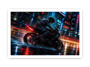 Neon rider in the cyberpunk rain