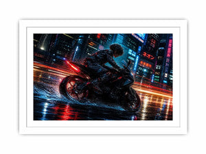 Neon rider in the cyberpunk rain
