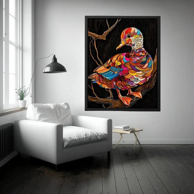 Vibrant mosaic duck perched on branch