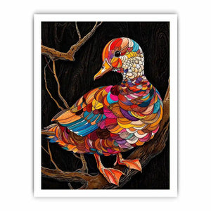 Vibrant mosaic duck perched on branch