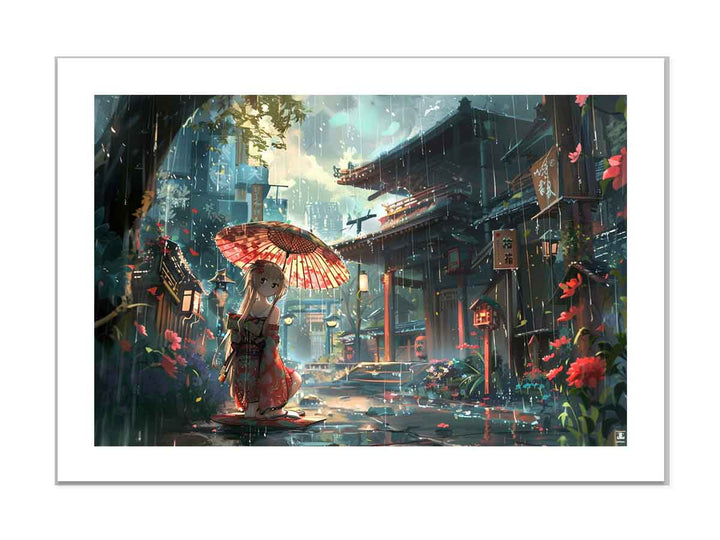 Anime in Rain  Art framed Print