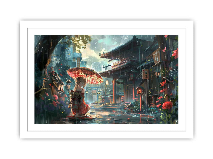 Anime in Rain  Art framed Print