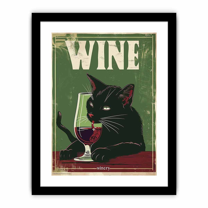 A black cat drinking red wine framed Print