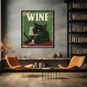 A black cat drinking red wine