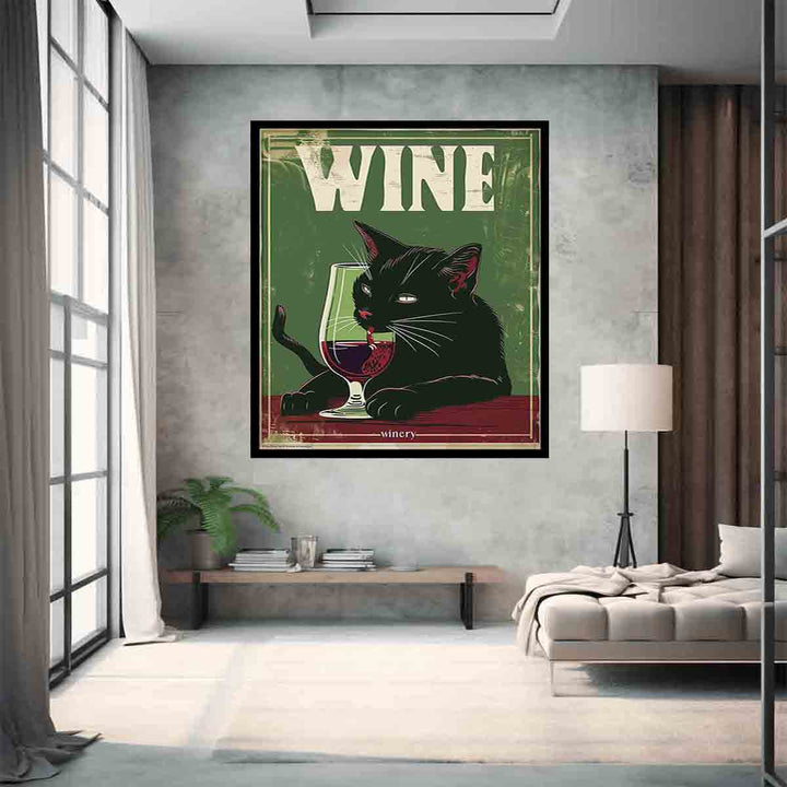 A black cat drinking red wine Art Print