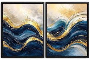 Gold Blue Abstract Waves Painting Set