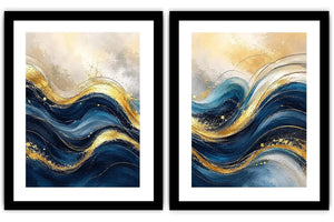 Gold Blue Abstract Waves Painting Set