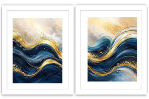 Gold Blue Abstract Waves Painting Set