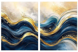 Gold Blue Abstract Waves Painting Set