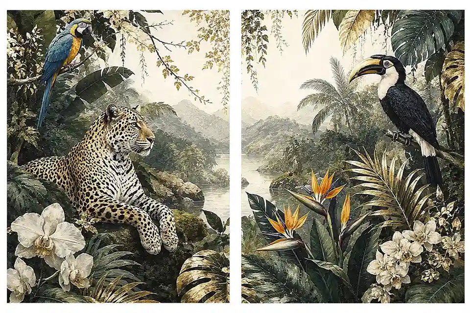 Tropical Leopard Jungle Diptych Wall Art 2 Piece Art Set