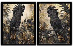Black Cockatoo Botanical Diptych Wall Art 2 Piece Art Set
